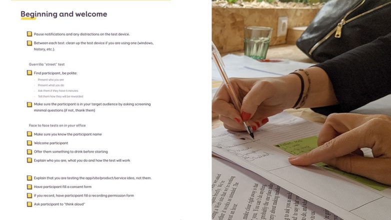 User testing checklist and a person going through a user test
