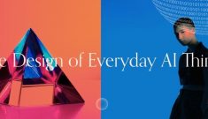 I,age of a person looking at the camera on a blue background, Apyramid over an orange backgrounds