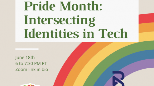 flyer for remote event "Techqueria and Blend Prent Pride Month: Intersecting Identities in Tech". There is a rainbow in the background.