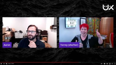 Meetup host Aaron and guest speaker Torrey are side-by-side in virtual meetup screen