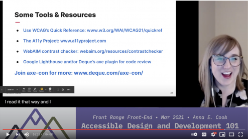 Anna Cook smiling as she shares an accessibility tools and resources slide