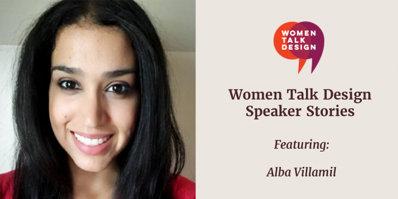 Alba Villamil headshot with graphic that says Women Talk Design speaker stories