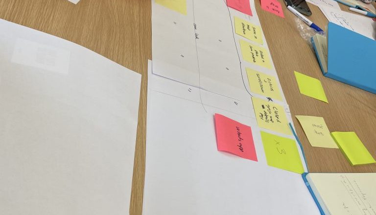 Workshop photo of white paper and yellow and pink sticky notes and a pair of hands arranging the stickies. Photo by Noreen Whysel.